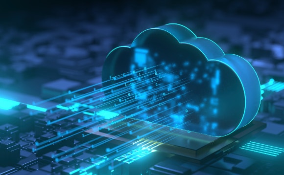 A cloud computing technology with blue lights Description automatically generated with medium confidence